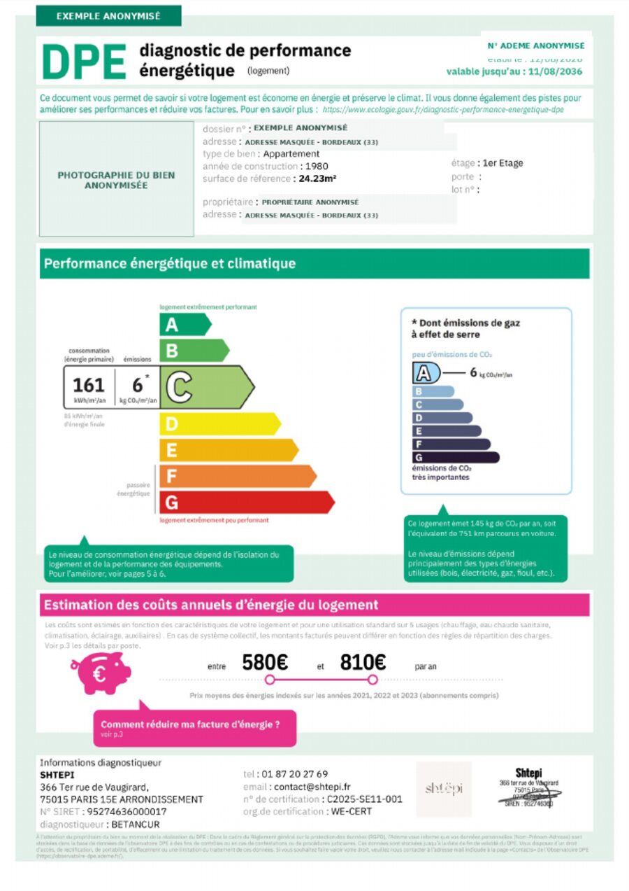 Aperçu de la première page d'un rapport DPE anonymisé réalisé par DPE24h : étiquette énergie, étiquette climat et estimation des coûts annuels